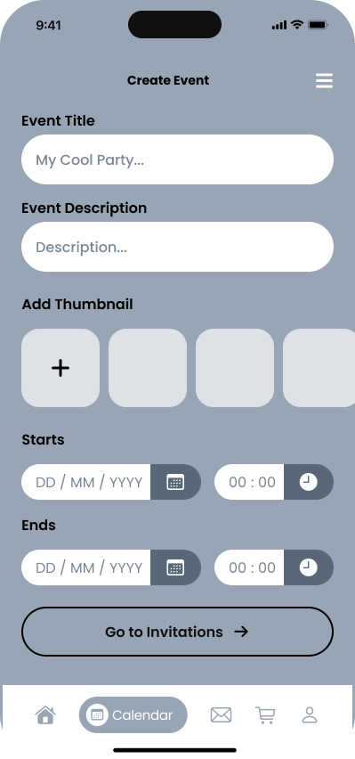 Grayscale wireframe of the Invite create event screen
