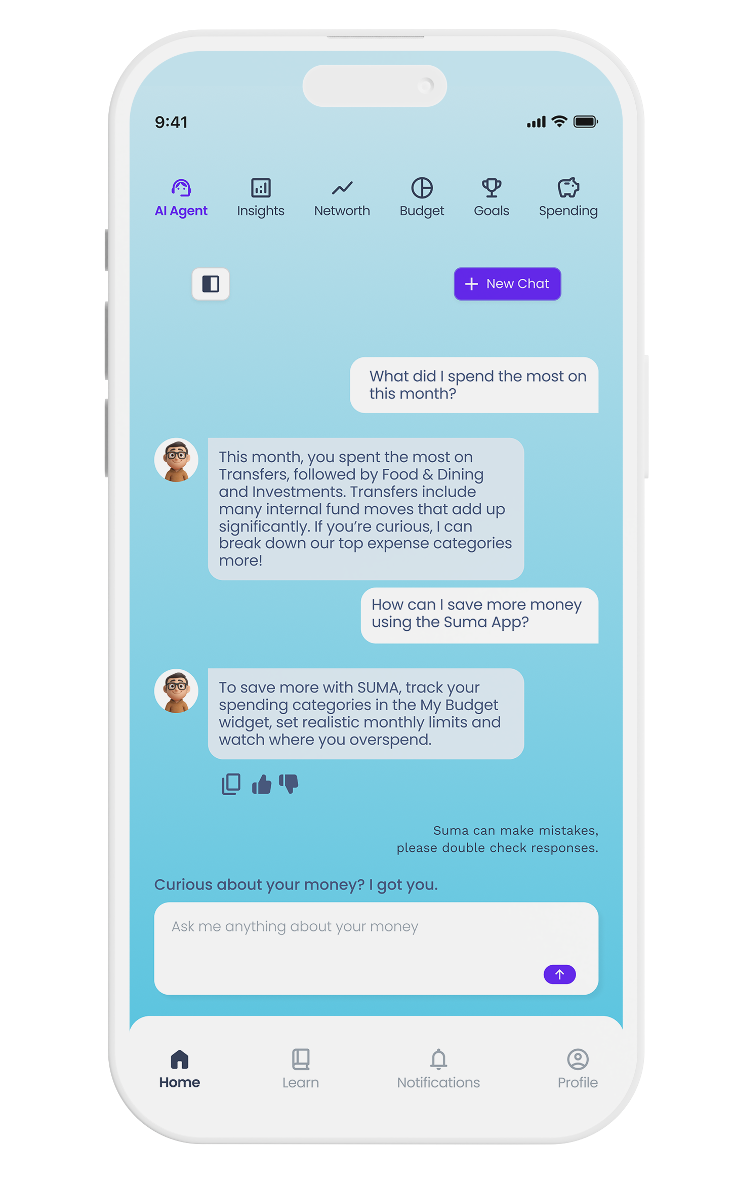 Suma Wealth AI financial agent chat screen