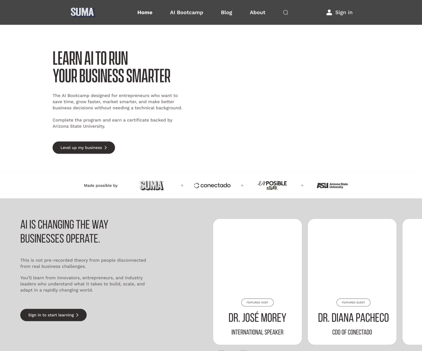 Suma AI Bootcamp homepage, low-fidelity wireframe