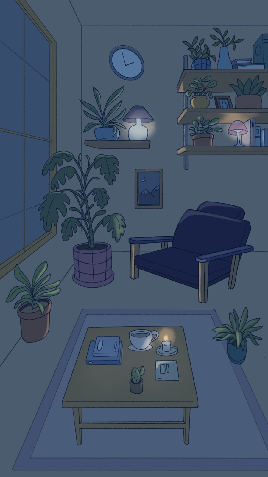Sunny Day illustrated living room concept at night